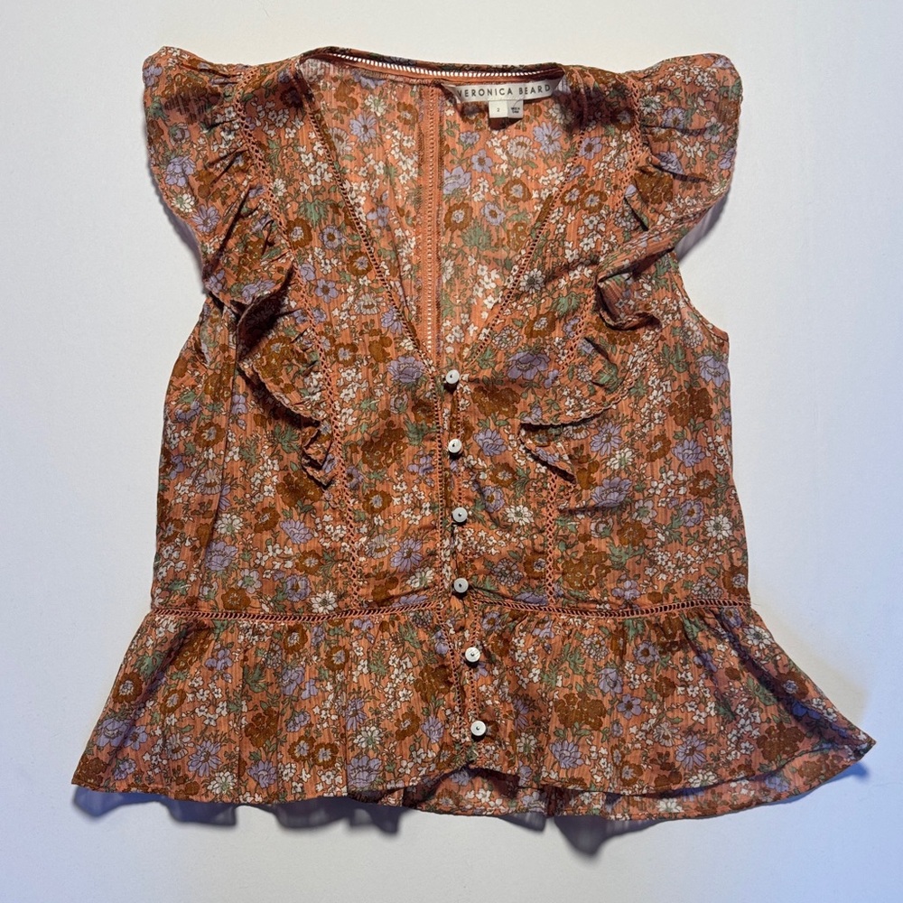 VERONICA BEARD Araya Top Coral Floral Ruffle Button Front Eyelet Detail Blouse 2 - Picture 2 of 10